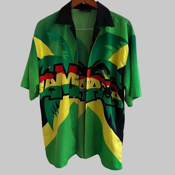 Vintage Hawaiian Shirt Mens Medium Jamaica Flag All Over Print Button Up 90s VTG - Picture 1 of 12